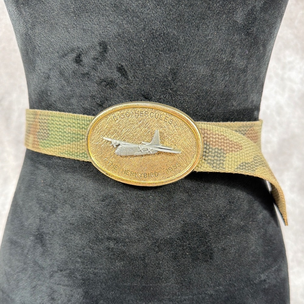 Vtg C130 Hercules Herkybird 1955 Brass Belt Buckle Military Camo Web Belt XS/S